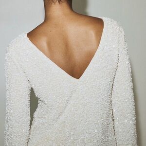 H&M Cream Sequin V-Back Long Sleeve Top